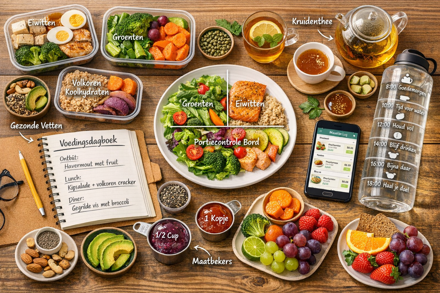 Een selectie van de beste voeding om af te vallen met verse groenten, fruit, magere eiwitten en gezonde vetten op een houten tafel