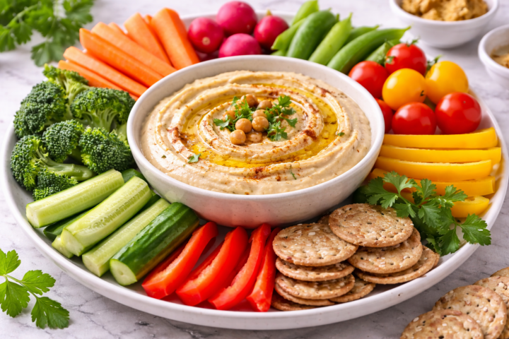 Gezonde snacks om af te vallen klaargemaakt op een houten plank met hummus, groenten en noten.